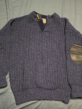 Vintage London Fog Navy Textured V-Neck Sweater with Elbow Patches